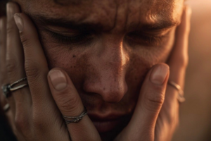 man met gesloten ogen en emotionele spanning die zichzelf vasthoudt innerlijk werk en jezelf terugvinden in relatie