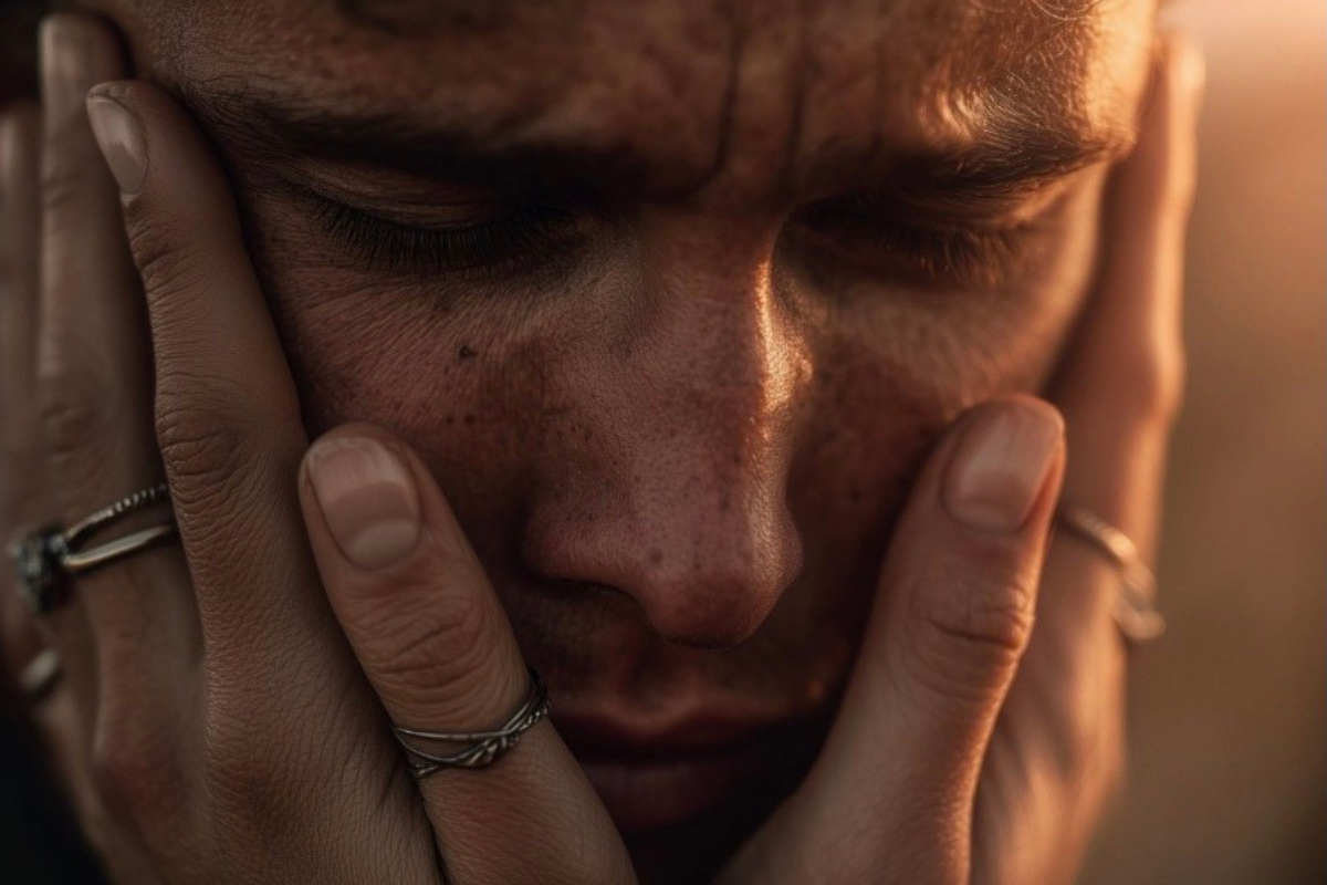man met gesloten ogen en emotionele spanning die zichzelf vasthoudt innerlijk werk en jezelf terugvinden in relatie