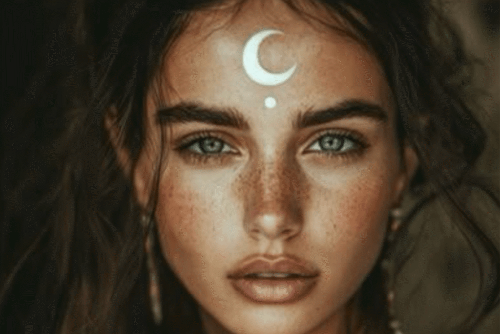 Vrouw met maansymbool op voorhoofd als teken van maanenergie en helende kracht van moon drops