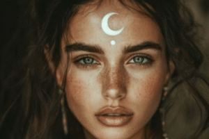 Vrouw met maansymbool op voorhoofd als teken van maanenergie en helende kracht van moon drops