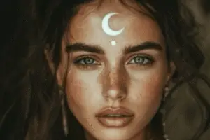 Vrouw met maansymbool op voorhoofd als teken van maanenergie en helende kracht van moon drops