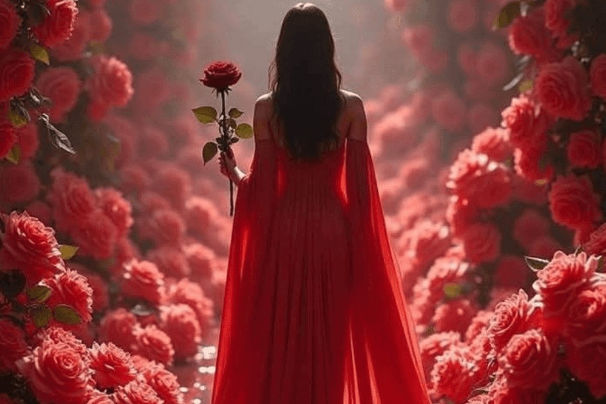 Vrouw in rode jurk met roos als symbool voor vrouwelijke energie en plantmedicijnen