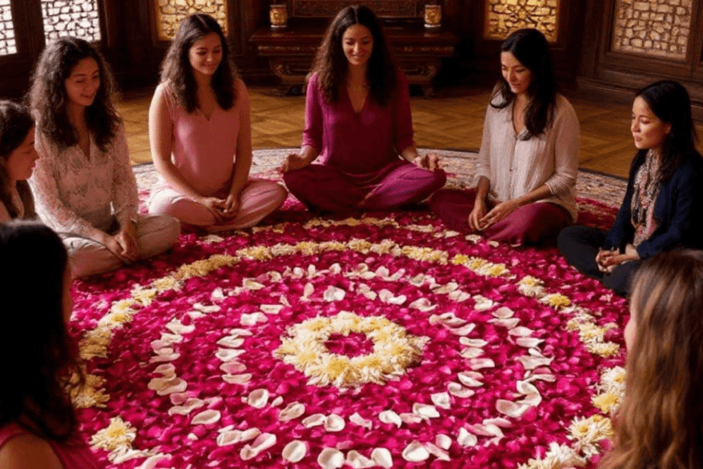Vrouwencirkel in rode tent met bloemenmandala voor hartopening en emotionele verbinding