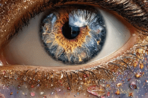 Close-up van oog met intense kleuren als symbool voor innerlijk zicht, bewustzijn en sananga heling