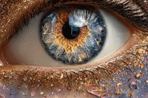 Close-up van oog met intense kleuren als symbool voor innerlijk zicht, bewustzijn en sananga heling