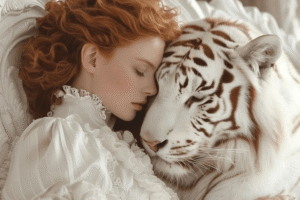 Vrouw in diepe rust naast witte tijger als symbool voor innerlijke kracht, veiligheid en trauma heling