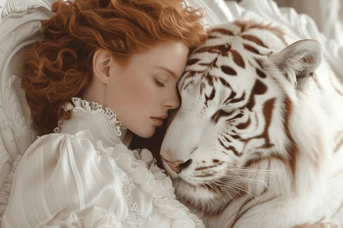 Vrouw in diepe rust naast witte tijger als symbool voor innerlijke kracht, veiligheid en trauma heling