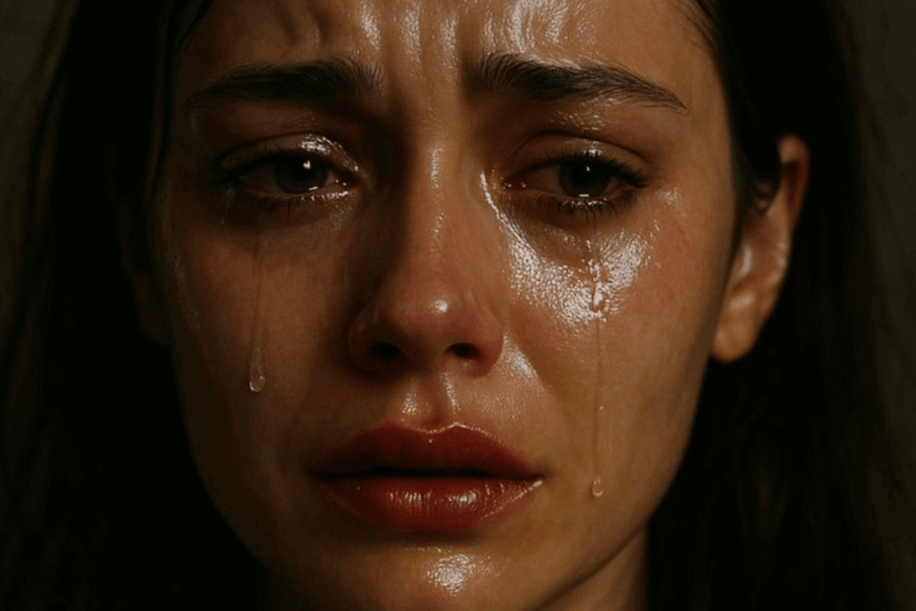Vrouw met tranen op gezicht die intens verdriet en emotionele pijn ervaart