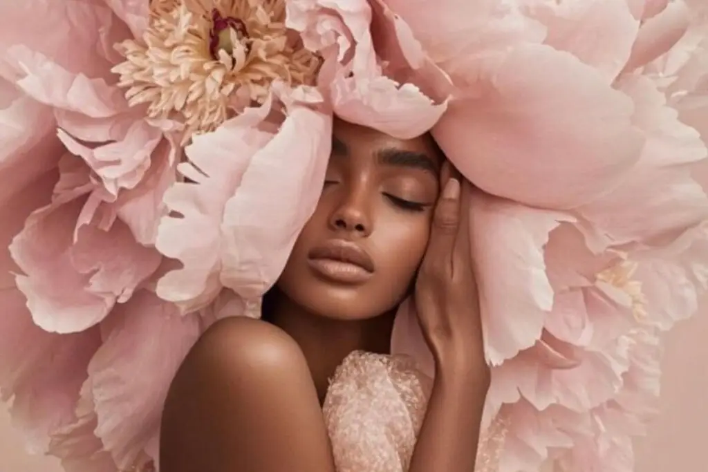 Vrouw omgeven door bloemen — innerlijke rust door microdoseren met plantmedicijn van Mini Choco Bliss