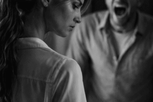 vrouw keert zich af van schreeuwende man als symbool voor narcistische relatie herstellen en emotionele uitputting