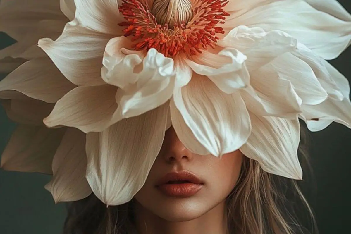 Vrouw met grote witte bloem over haar ogen plantmedicijnen voor innerlijk werk en bewustwording van Helen Adriana