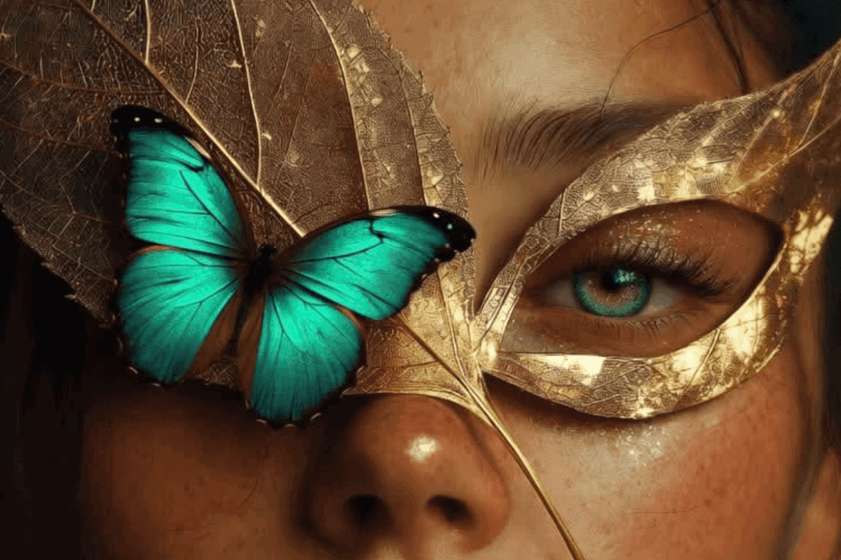 Sananga heling – vrouw met gouden masker en vlinder als symbool voor innerlijk zicht en spirituele transformatie