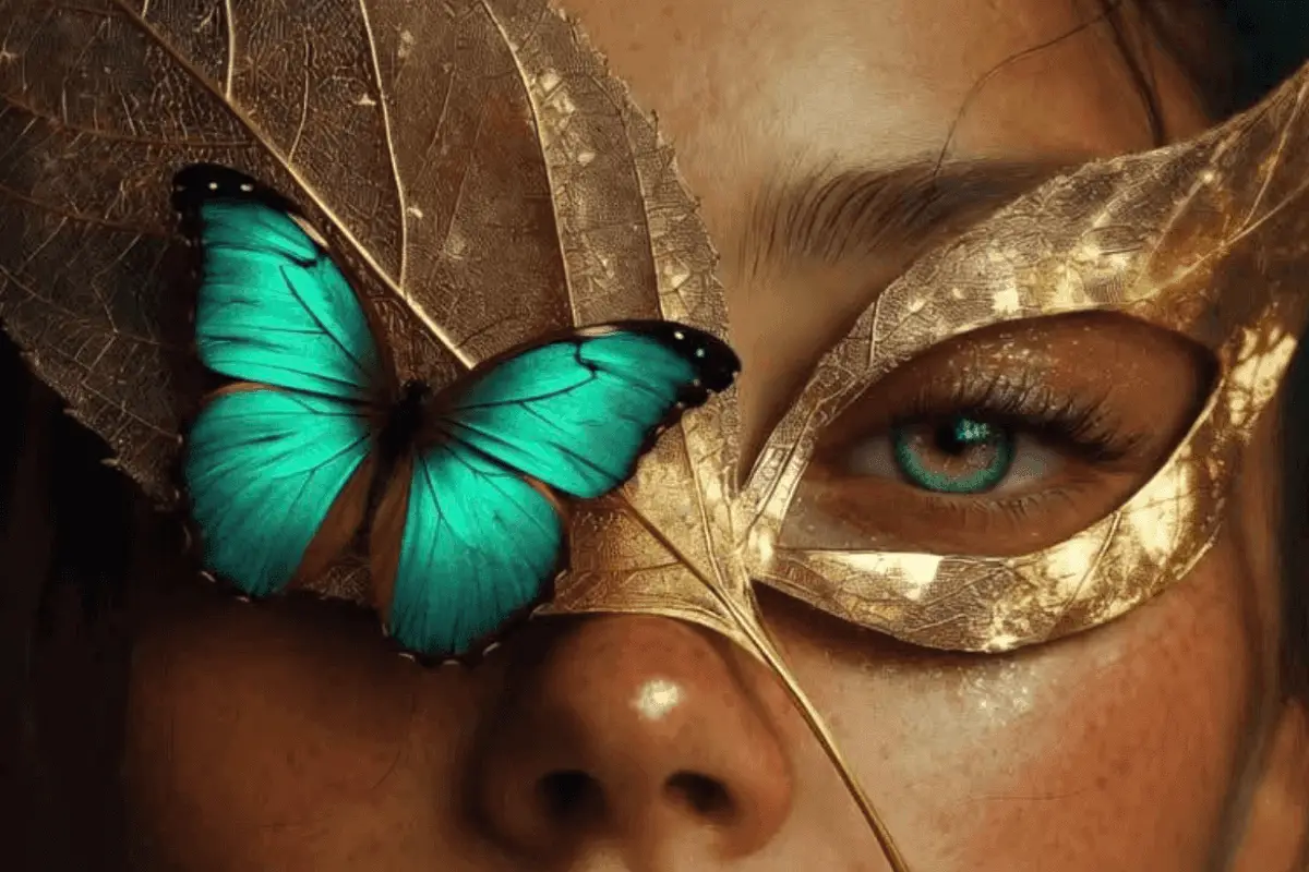 Sananga heling – vrouw met gouden masker en vlinder als symbool voor innerlijk zicht en spirituele transformatie