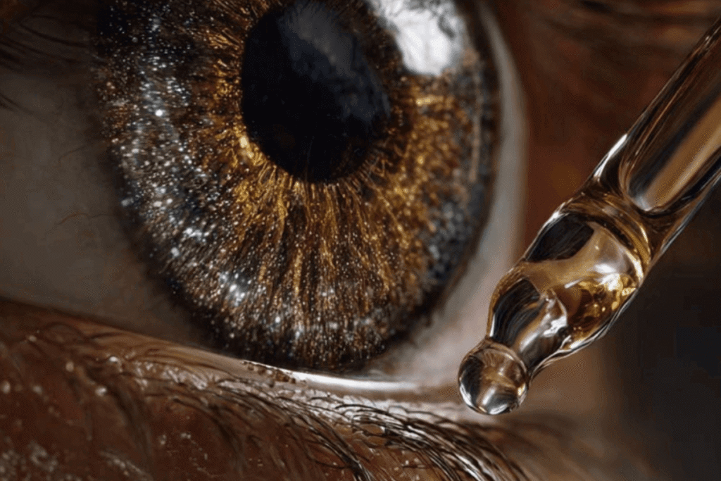 Sananga heling oogdruppels worden aangebracht op close-up van gouden oog