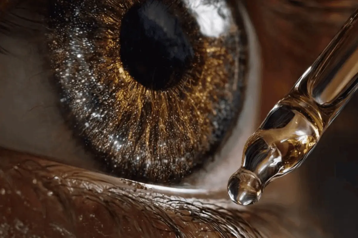Sananga heling oogdruppels worden aangebracht op close-up van gouden oog