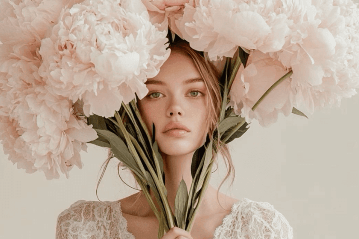 Trauma healing vrouw met pioenrozen als symbool voor innerlijke bloei en herstel