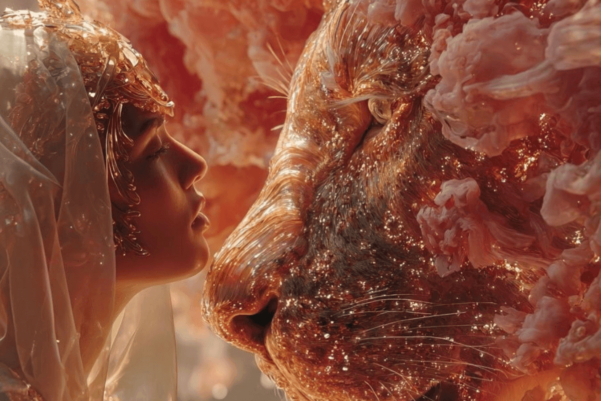 trauma release – vrouw tegenover gouden leeuw als symbool voor innerlijke kracht en emotionele bevrijding