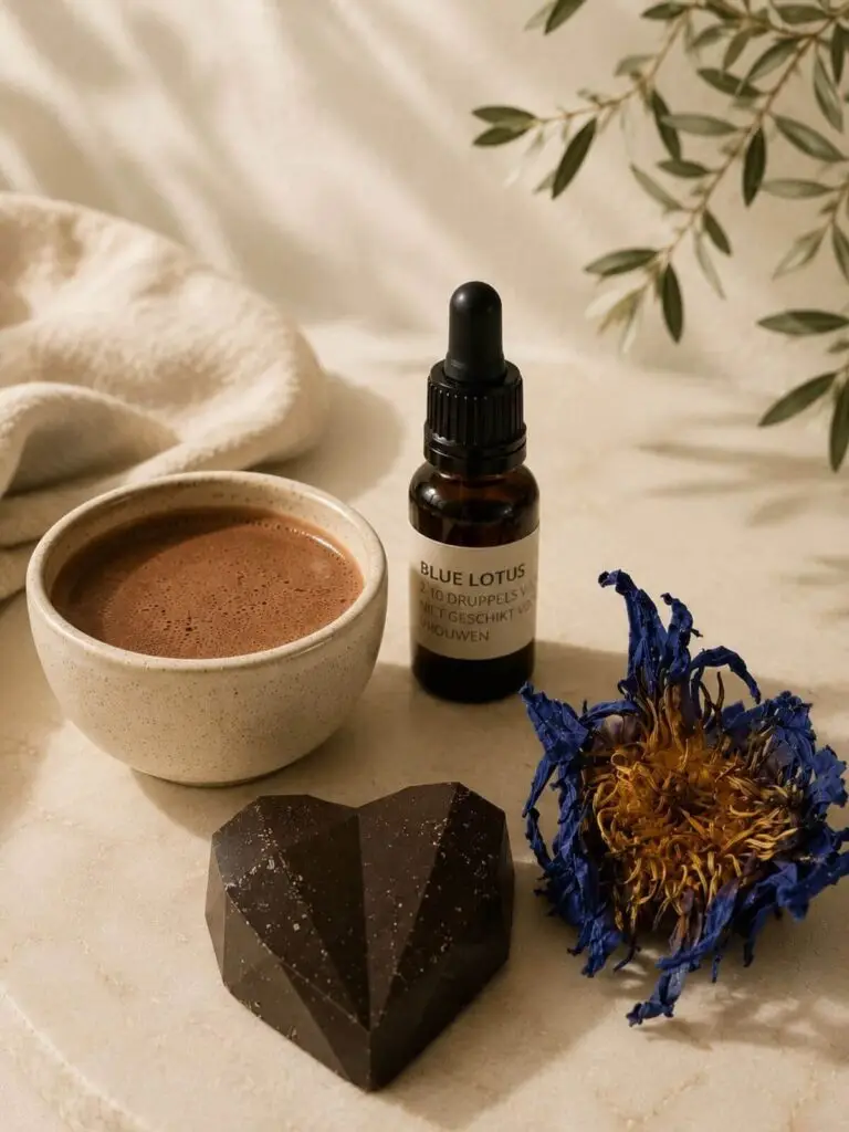 Blauwe Lotus avondritueel met cacao drank, tinctuur, lotusbloem en cacao-hart op natuursteen
