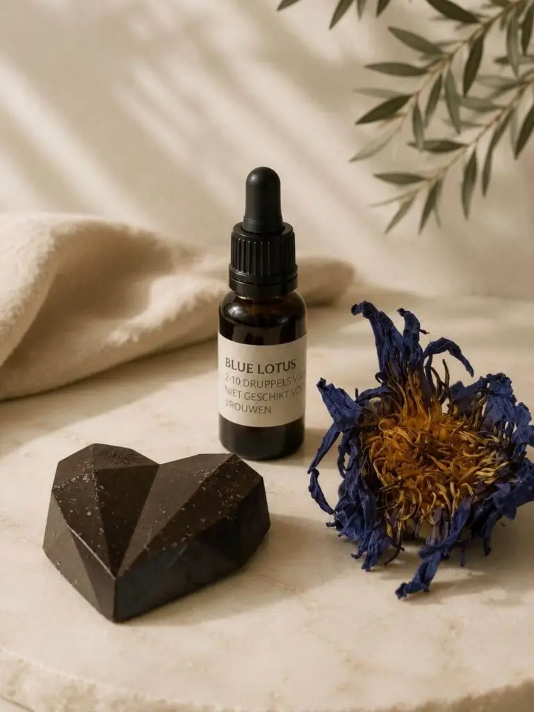 Blauwe Lotus tinctuur, gedroogde lotusbloem en cacao-hart op natuursteen – Blauwe Lotus Droompakket