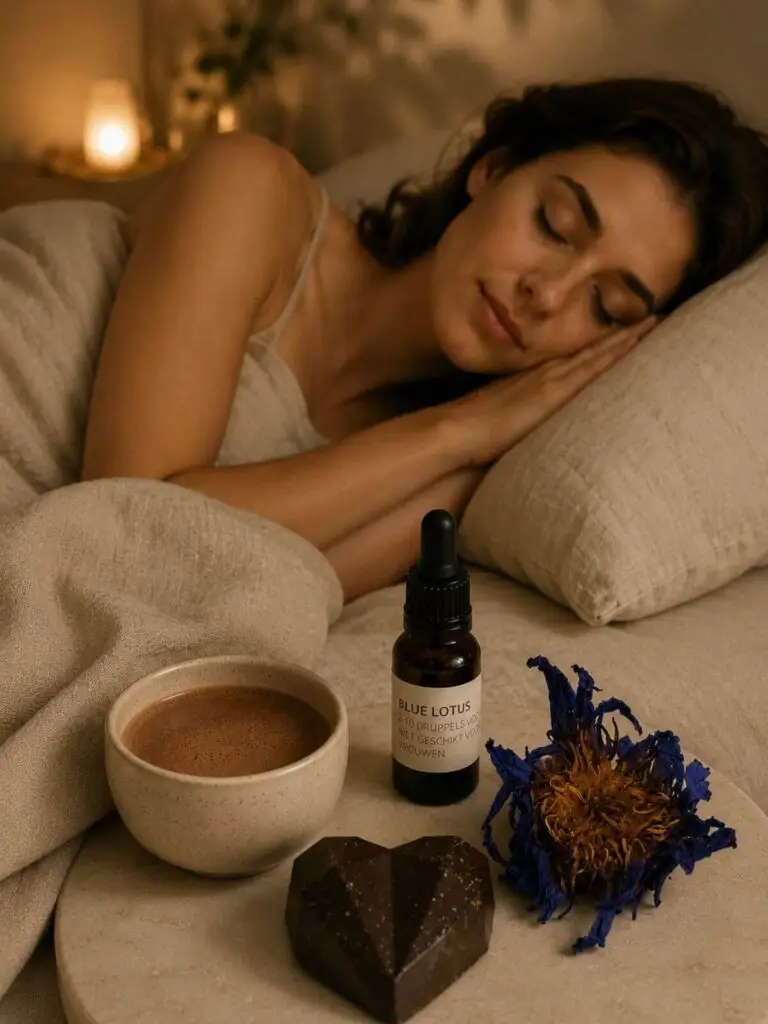 Vrouw slaapt diep naast Blauwe Lotus droompakket met cacao, tinctuur en lotusbloem op nachtkastje
