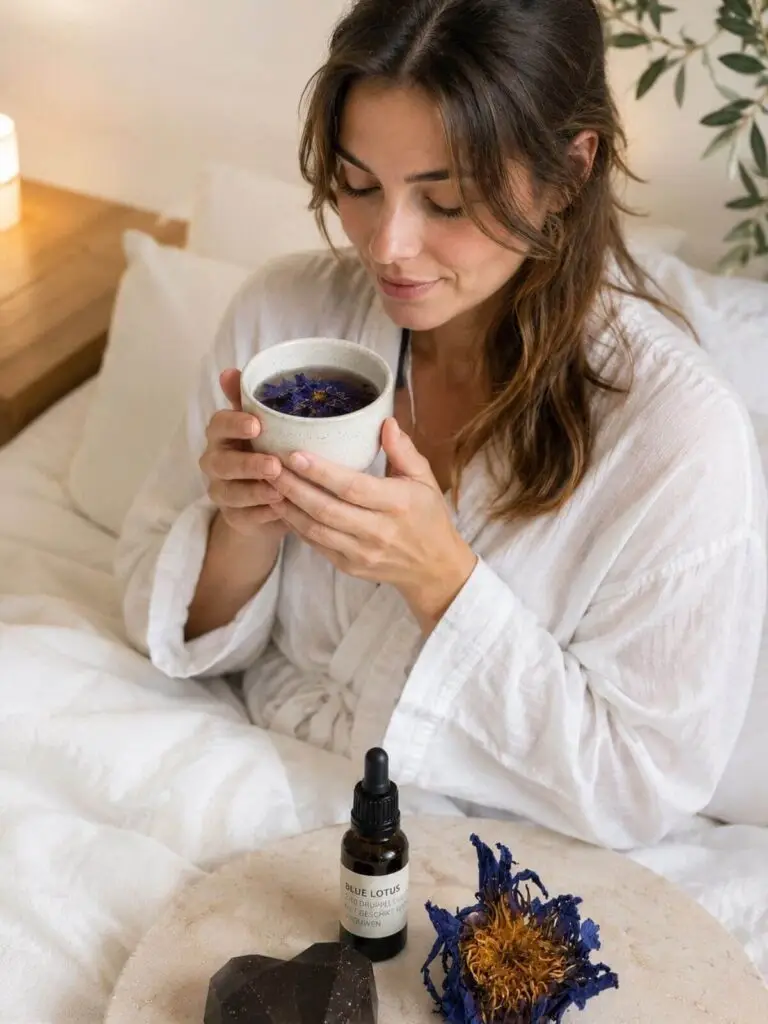 Vrouw drinkt Blauwe Lotus thee in bed met tinctuur en lotusbloem op nachtkastje – avondritueel