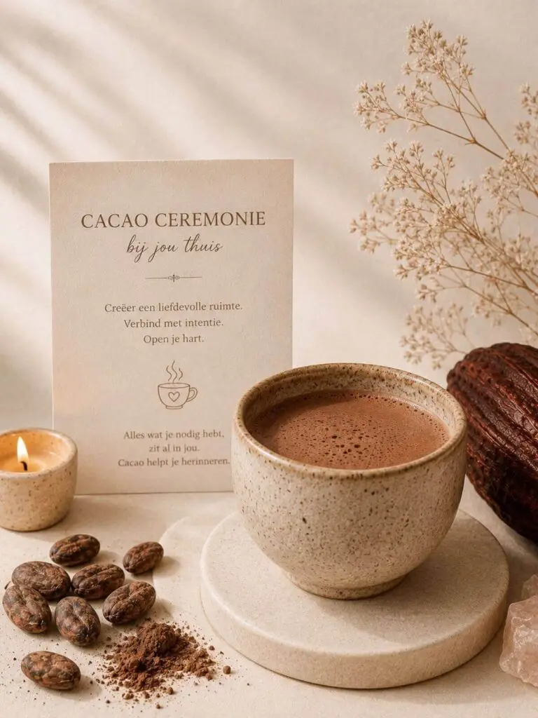 Cacao ceremonie thuis met kom ceremoniële cacao, kaars en cacaobonen voor een bewust ritueel met intentie