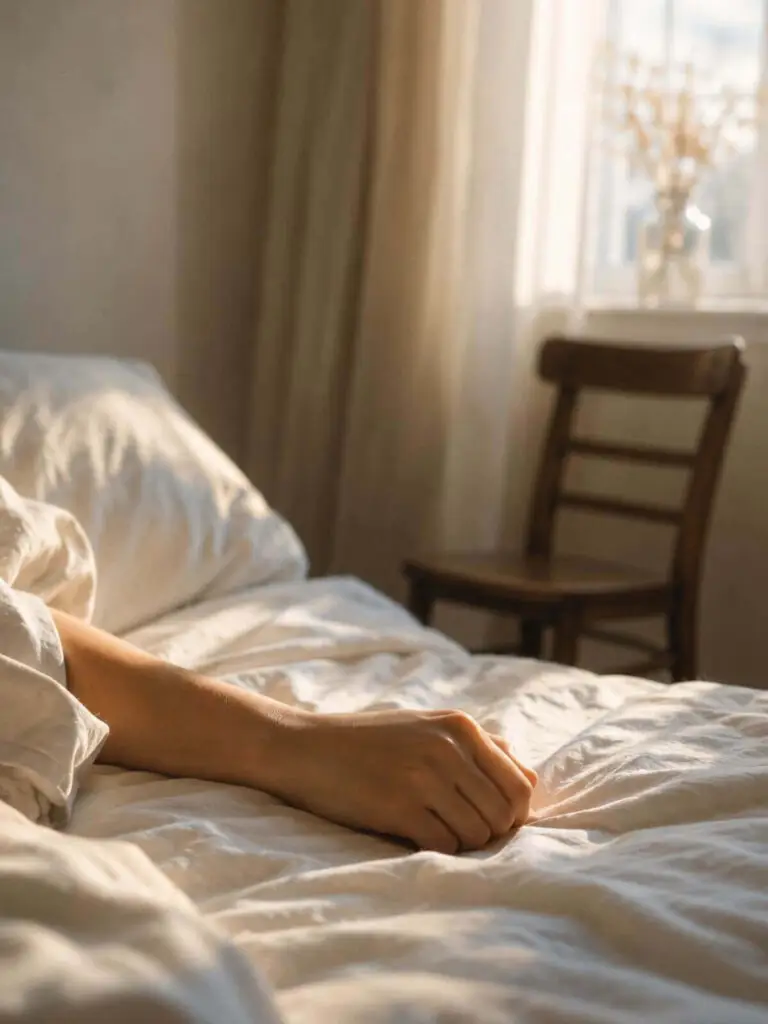 Hand in wit bed met lege stoel op achtergrond over angststijl hechting en de angst om verlaten te worden