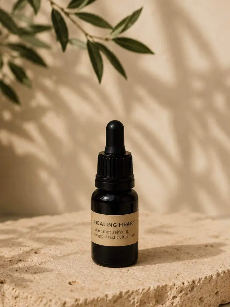 Healing Heart Drops flesje met label op natuursteen – productfoto zelfzorg tinctuur