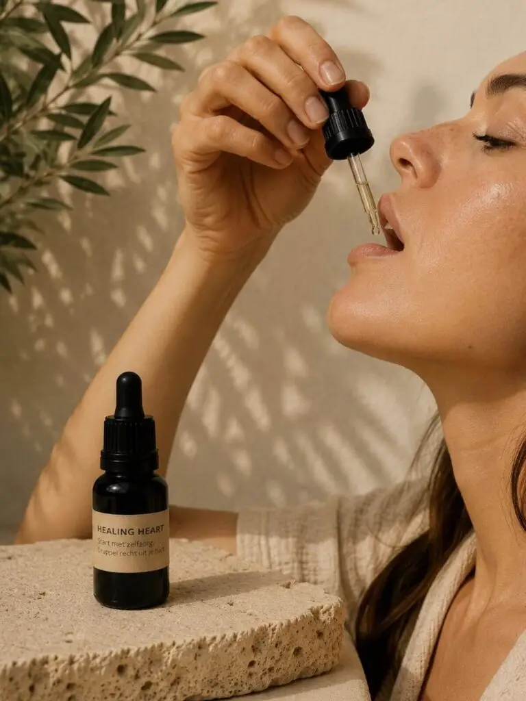 Productfoto van Healing Heart Drops – een natuurlijke tinctuur in een donker glazen flesje met pipet, gefotografeerd op natuursteen. Ondersteuning voor emotioneel welzijn en dagelijkse zelfzorg.