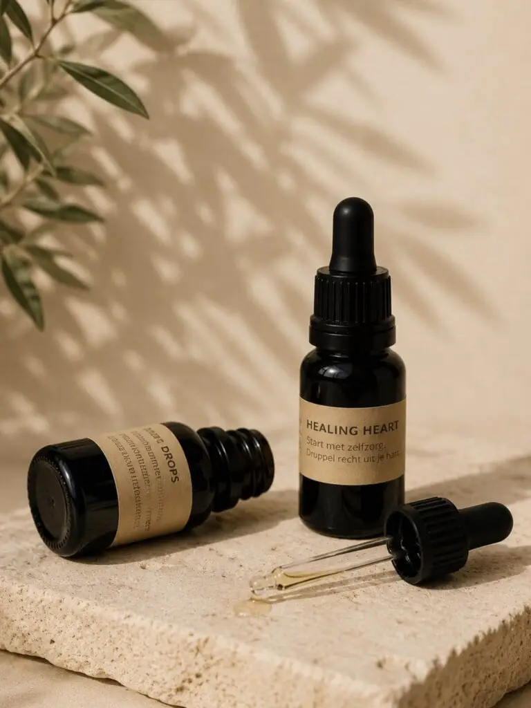 Healing Heart Drops druppelflesje met pipet op natuursteen – tinctuur voor dagelijkse zelfzorg