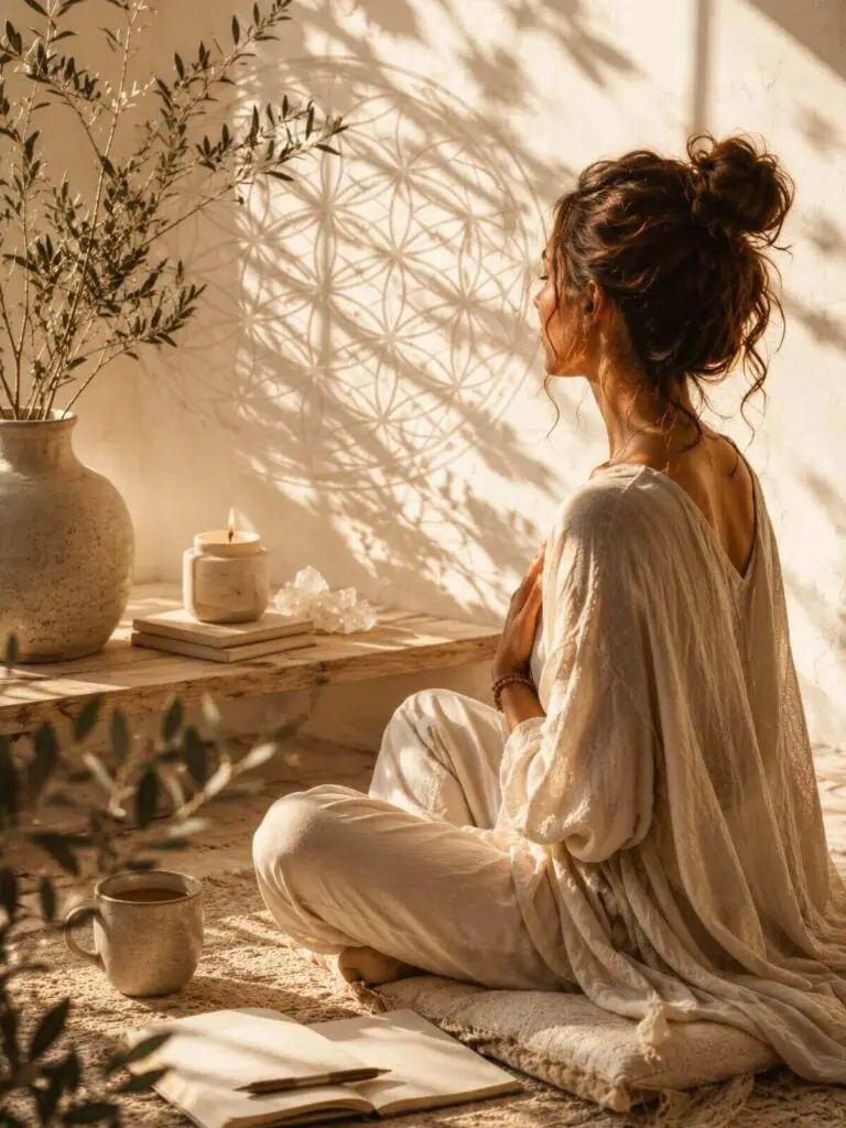 Vrouw in meditatie tijdens de online bewustzijn training Het Regent Wonderen