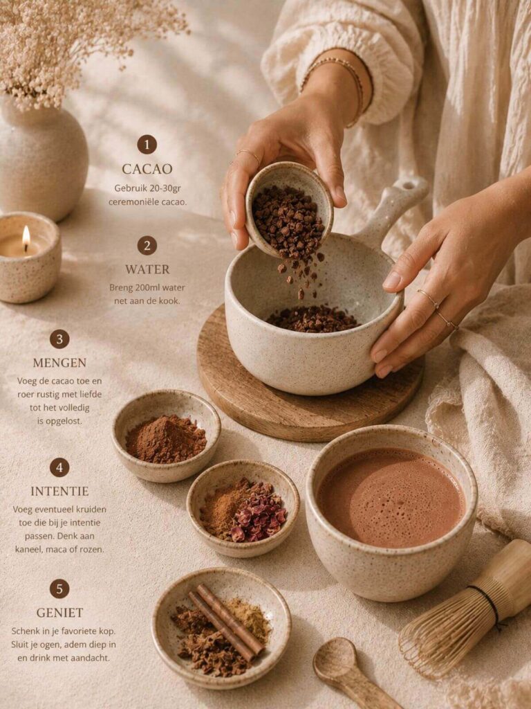 Stap voor stap ceremoniële cacao bereiden met cacaobonen, kruiden en warme drank voor een bewust ritueel