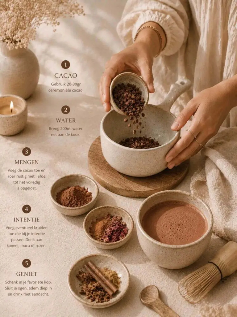 Stap voor stap ceremoniële cacao bereiden met cacaobonen, kruiden en warme drank voor een bewust ritueel