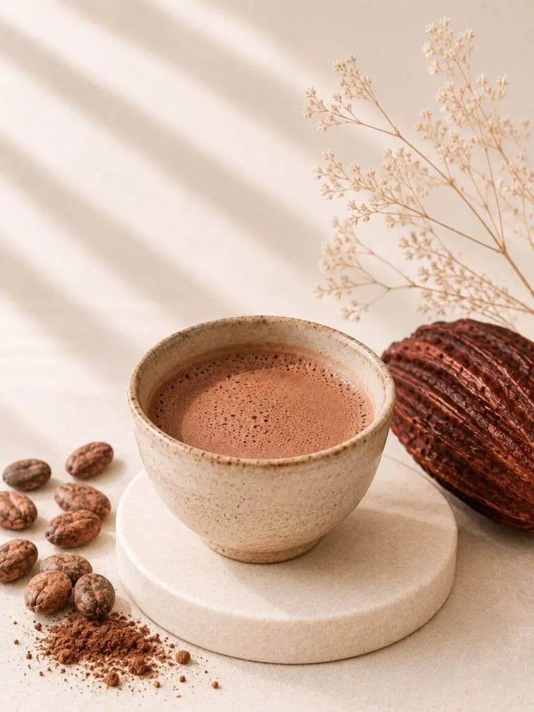 Kom ceremoniële cacao met cacaobonen en cacaovrucht als plantmedicijn voor innerlijk werk en meditatie