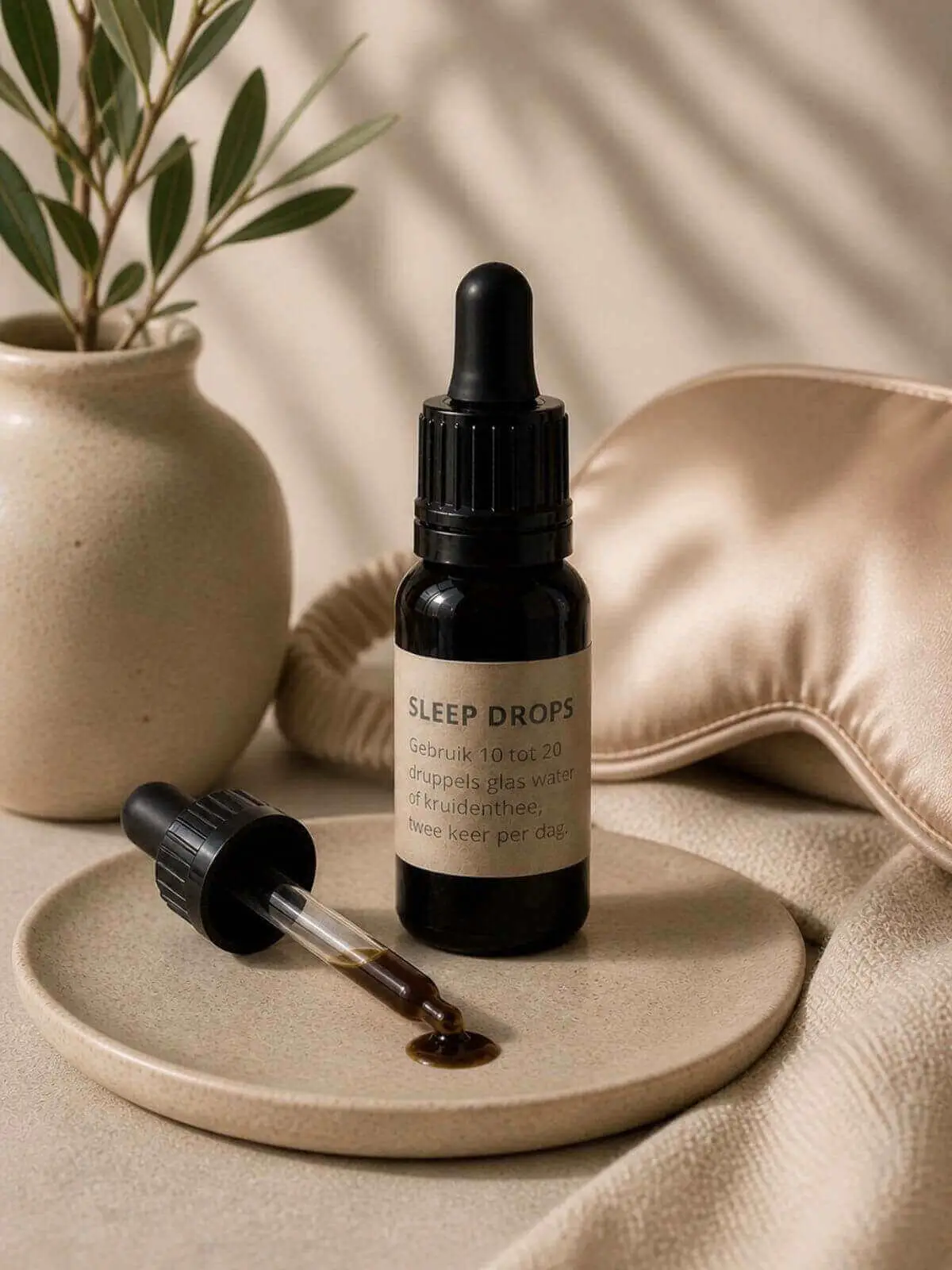 Flesje Sleep Drops met pipet naast een slaapmasker