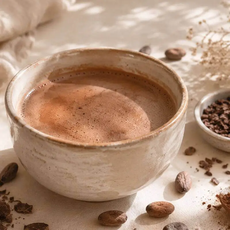 Rustieke keramieken kom met schuimende Sacred Cacao drank, omgeven door rauwe cacaobonen en nibs op een linnen ondergrond