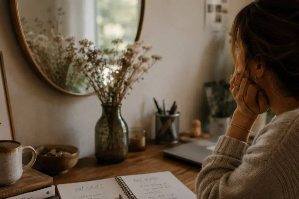 Vrouw zit peinzend aan haar bureau met dagboek open voor zelfreflectie over aanpassen in een relatie