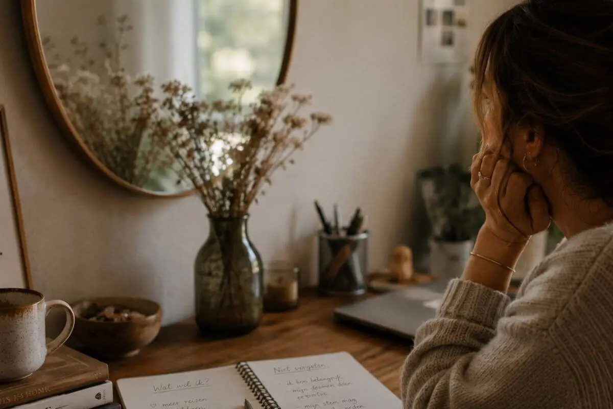Vrouw zit peinzend aan haar bureau met dagboek open voor zelfreflectie over aanpassen in een relatie