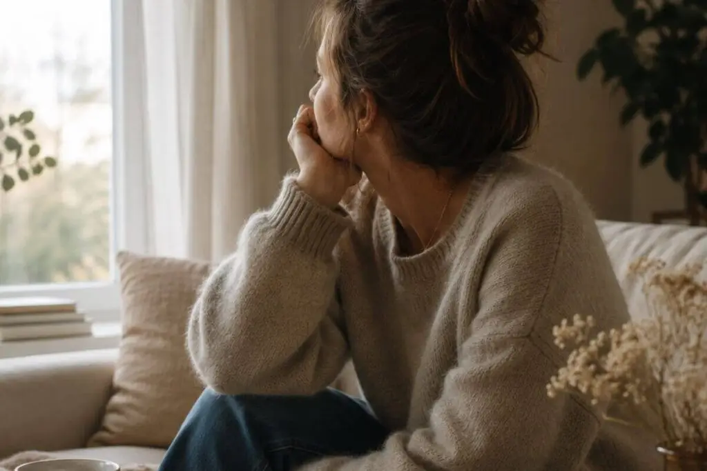 Vrouw zit alleen op de bank en kijkt naar buiten, verloren in gedachten over zichzelf verliezen in een relatie