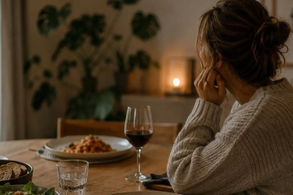 Vrouw zit alleen aan eettafel en weet niet meer wat ze zelf wil, als signaal van jezelf wegcijferen in een relatie