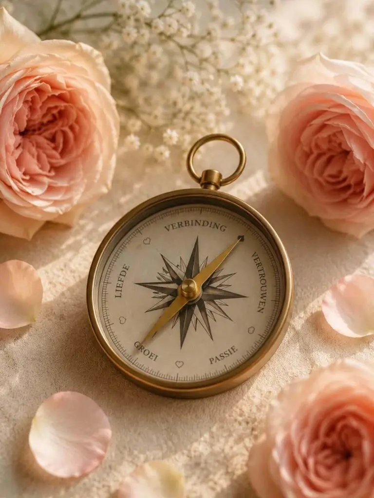 Gouden kompas met de woorden Liefde, Verbinding, Vertrouwen, Passie en Groei, omringd door roze rozen De LiefdesKompas van Helen Adriana
