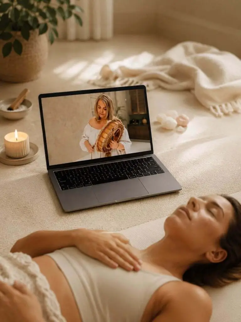 Vrouw ligt ontspannen thuis tijdens online Shamanic Breathing ademsessie begeleid door Helen Adriana