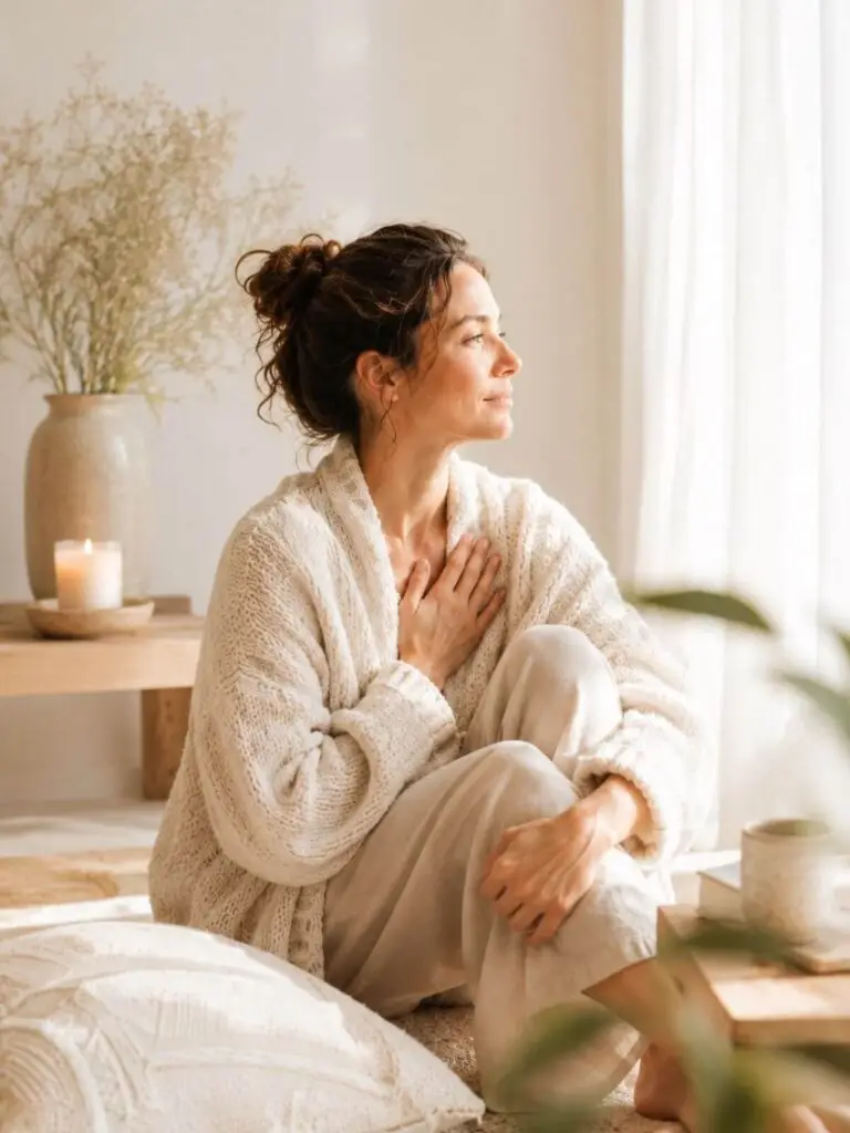 Vrouw zit rustig met hand op hart herstel van parentificatie via online training van Helen Adriana
