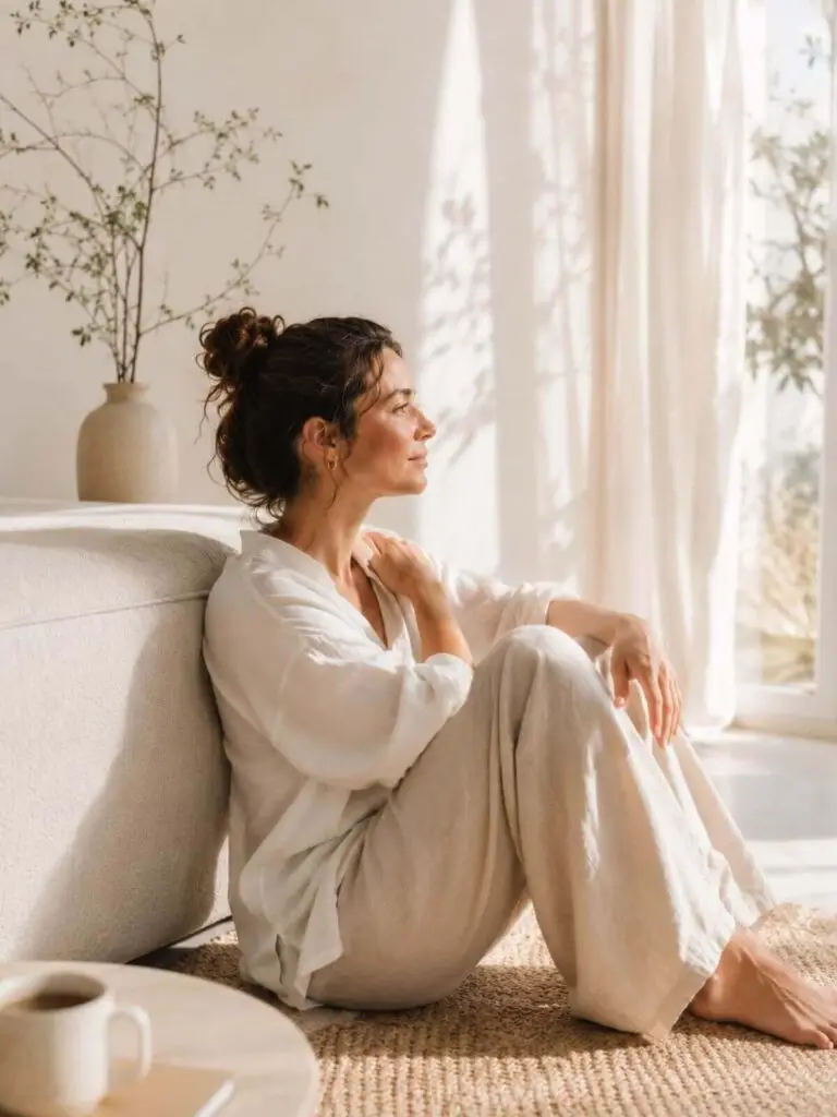 Vrouw zit rustig en reflecteert parentificatie patronen loslaten via online training van Helen Adriana
