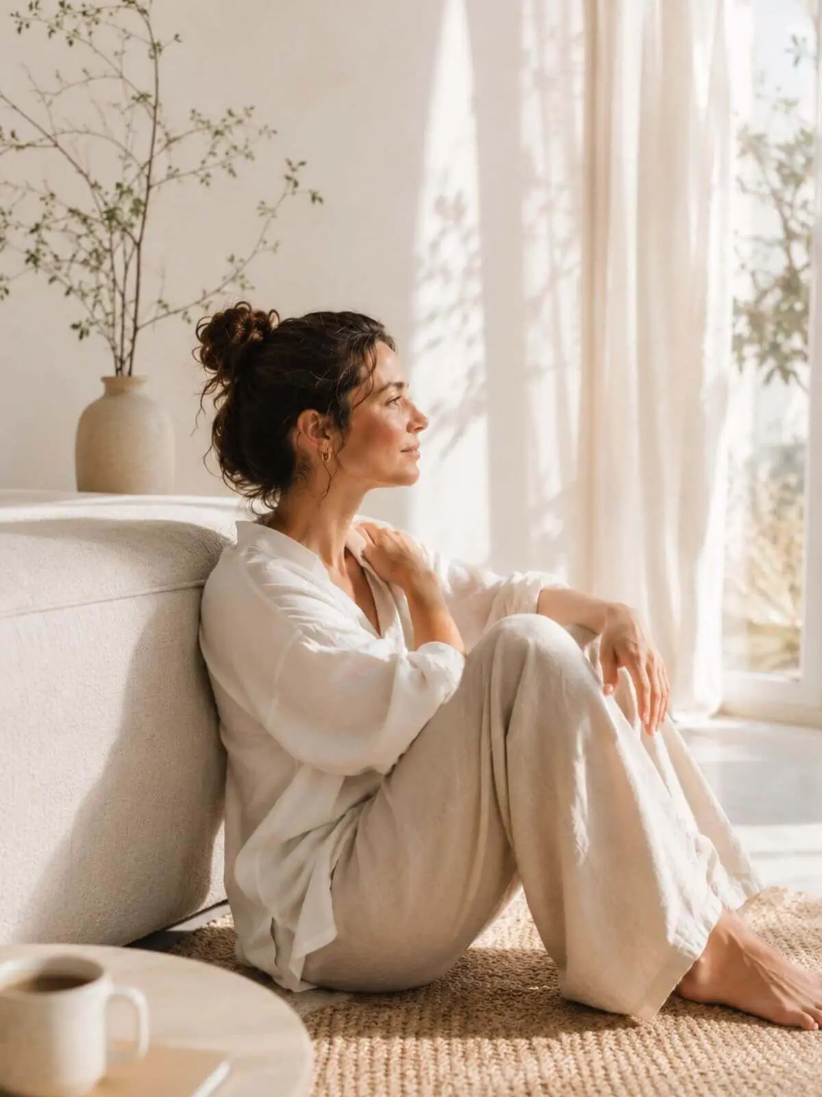 Vrouw zit rustig en reflecteert parentificatie patronen loslaten via online training van Helen Adriana