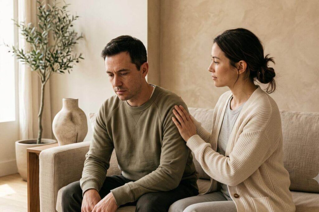 Vrouw legt haar hand op de schouder van haar partner en wordt zijn rustpunt