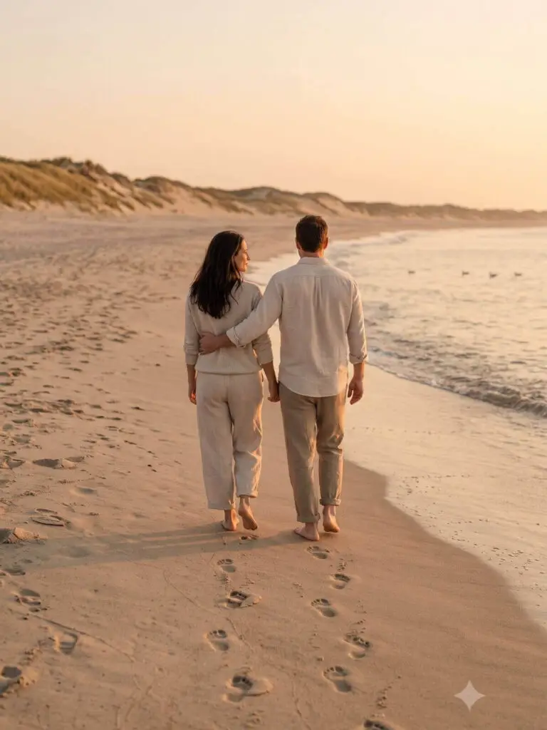 Stel loopt bij zonsondergang met een arm om elkaar heen over het strand als beeld van veilige verbinding
