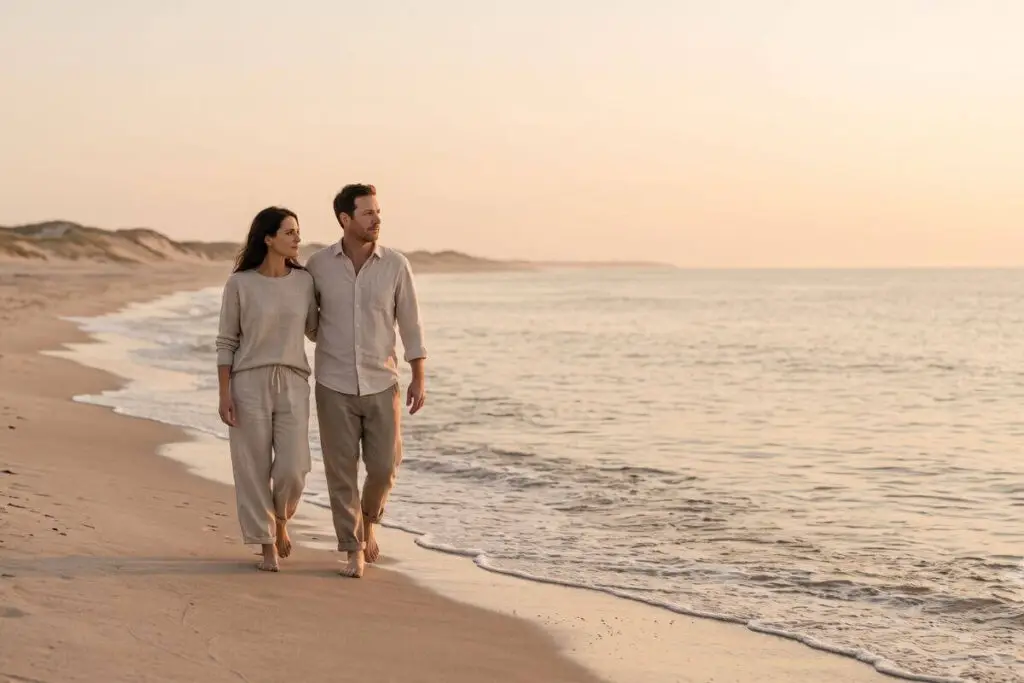 Stel loopt rustig arm in arm over het strand bij zonsondergang in verbonden autonomie