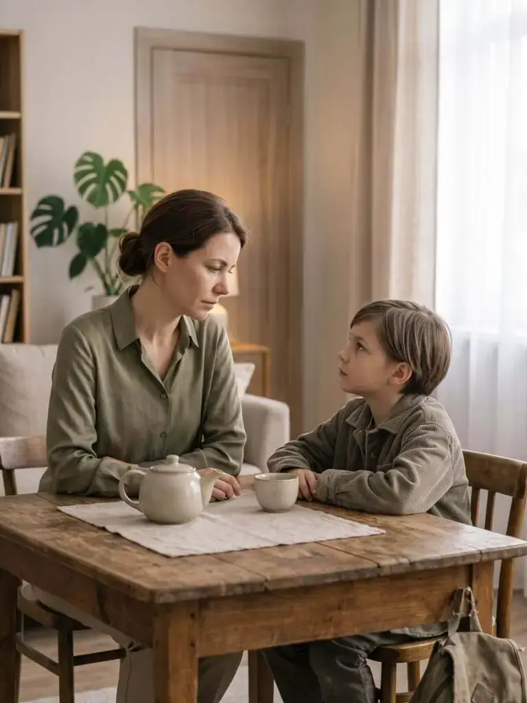 Moeder buigt zich volledig naar haar zoon toe aan tafel, voorbeeld van codependent gedrag