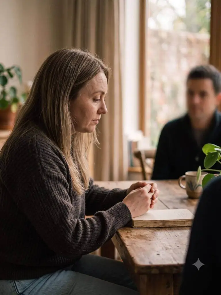 Vrouw kijkt in gedachten naar beneden aan tafel terwijl een man op de achtergrond zit, als beeld bij conflictvermijding